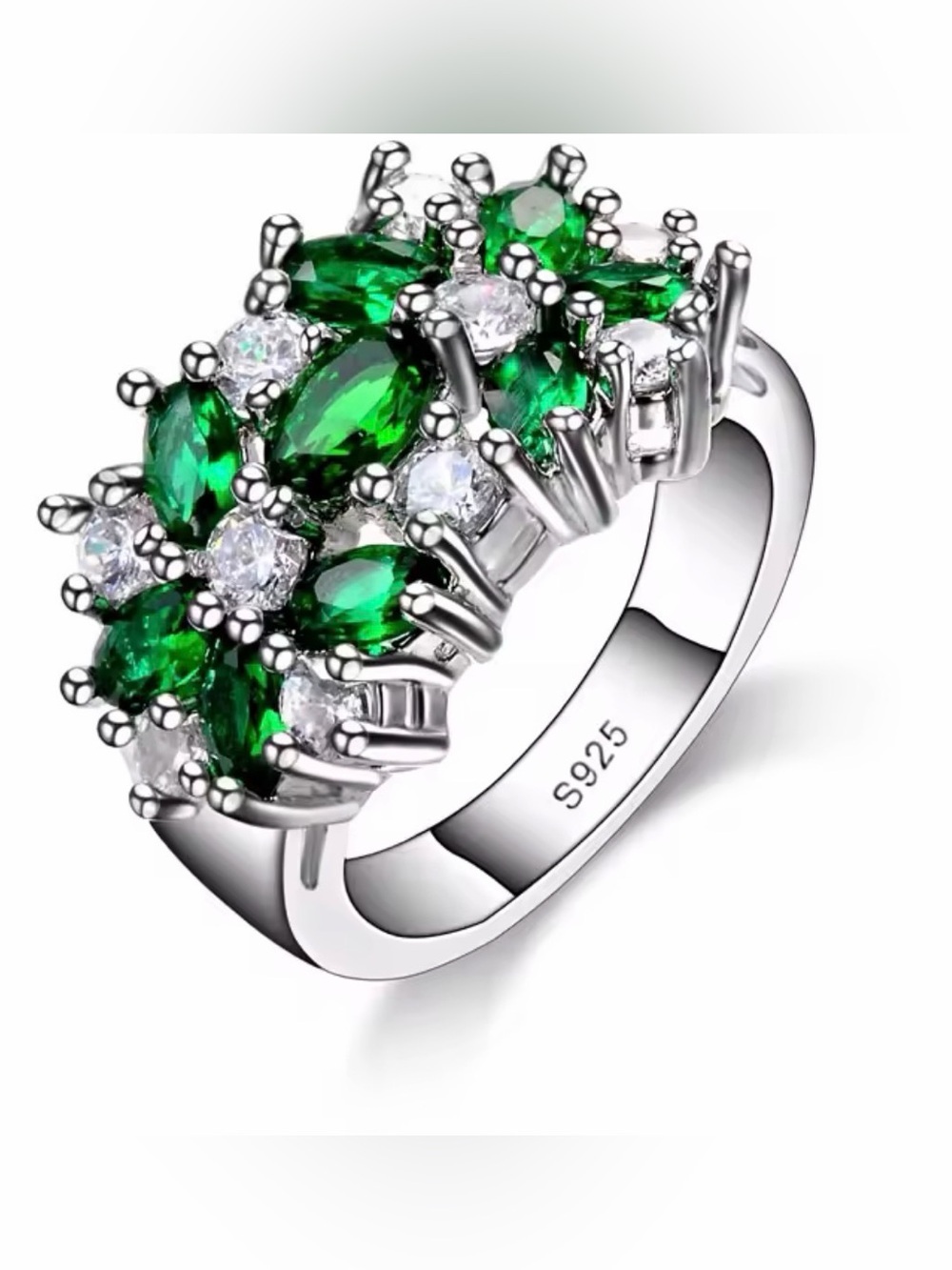 Vintage Emerald Green Floral Cluster Ring | 925 Sterling Silver | Sparkling CZ - Picture 4 of 4
